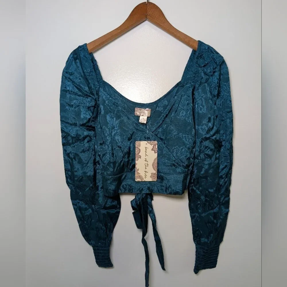 NWT Free People Teal Jacquard Wrap Crop Top XS Romantic Boho Festival Luxe